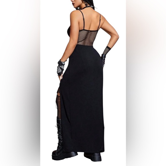 🆕ROMWE Black Contrast Mesh Lace Up Front Split Thigh Cami Dress L🆕 - Picture 3 of 14